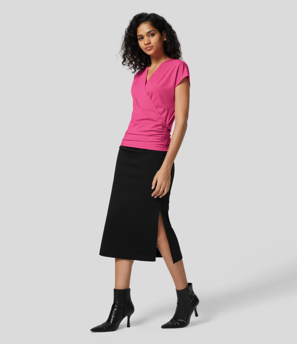 V Neck Cap Sleeve Crossover Ruched Solid Work Blouse