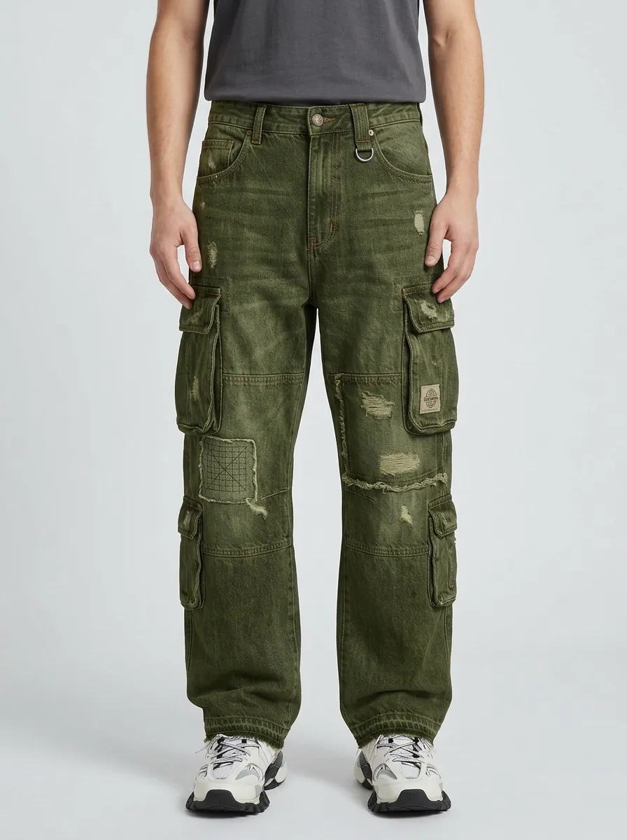 Men's Ridge Streetwear Distressed Patchwork Denim Cargo Jeans