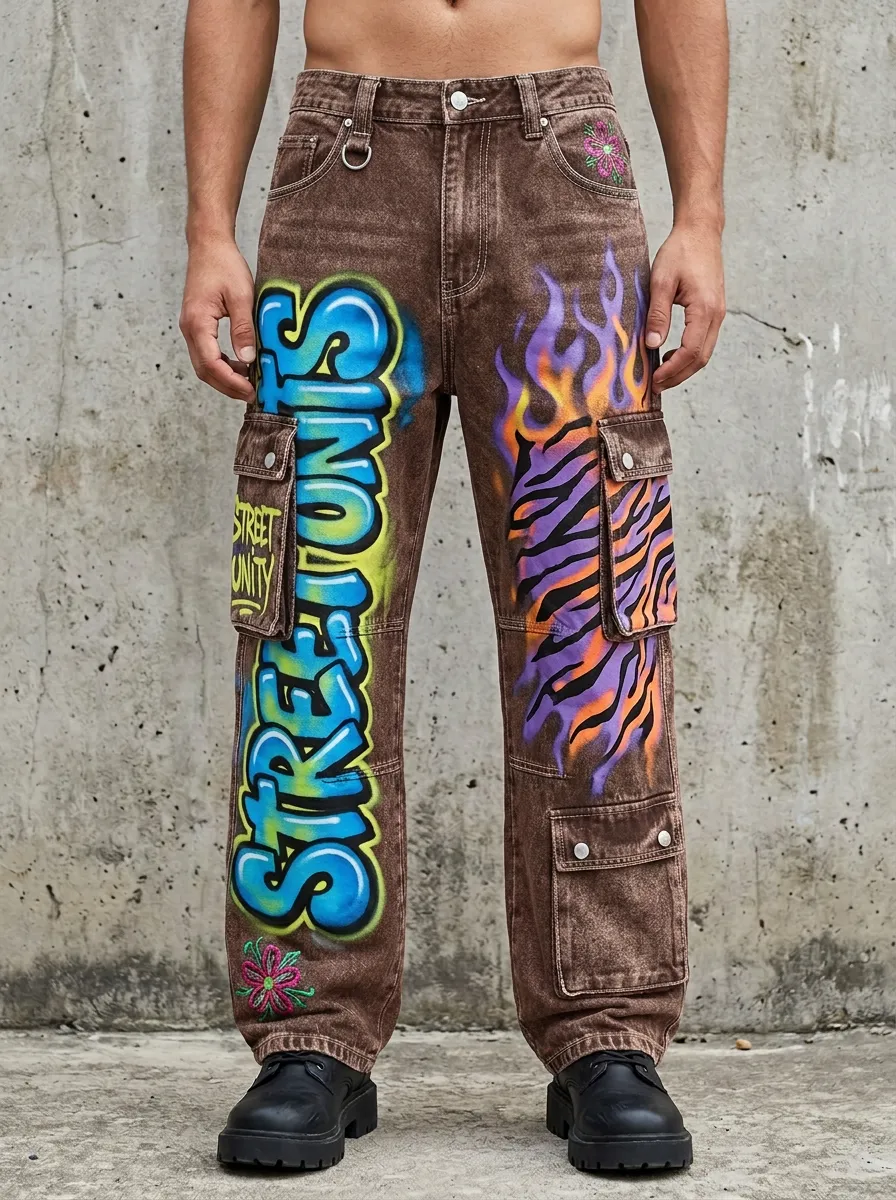 Men's Streetwear Graffiti Tiger Flame Graphic Cargo Jeans