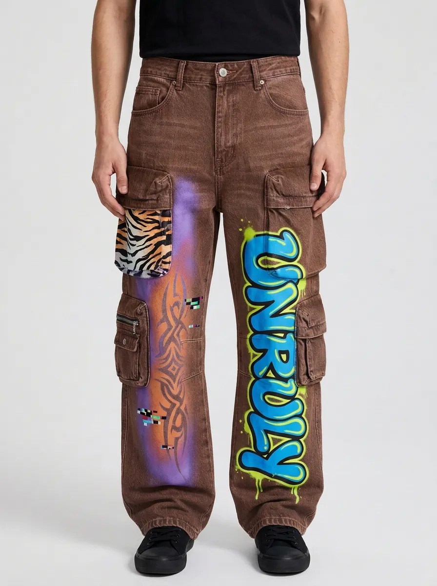 Men's Streetwear Graffiti Tiger Print Bold Pattern Cargo Jeans