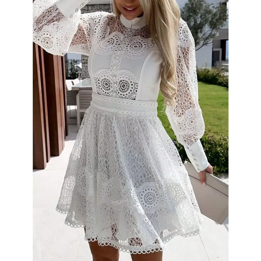 Soft Everyday Lace Lantern Sleeve Mini Dress