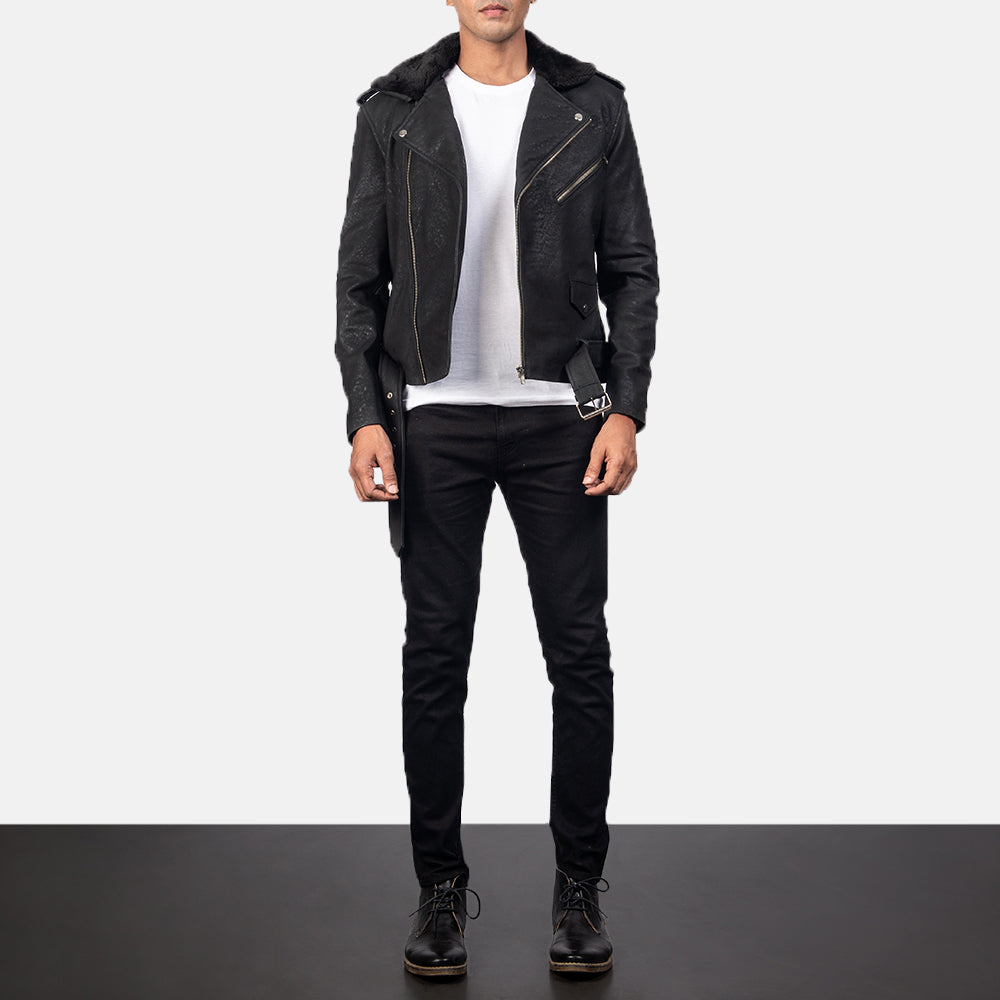 Men's Rugged Biker Leather Fur Trim Jacket