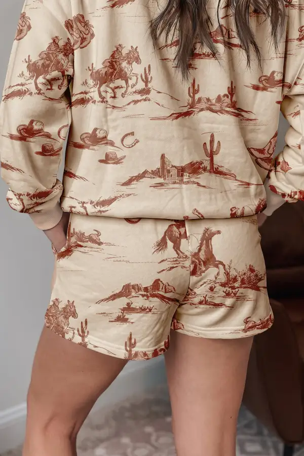 Women's Western Print Loose Fit Long Sleeve Top Short Set