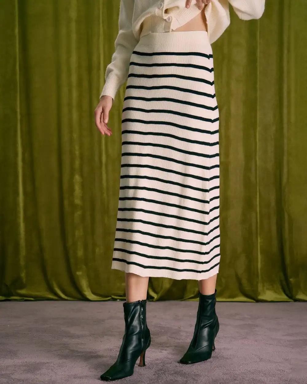 Stripe Knit High Rise Midi Skirt