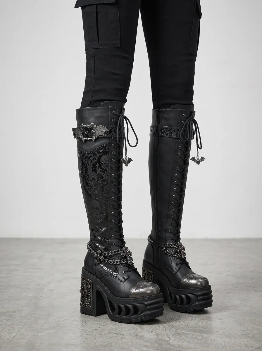 Midnight Skull Bat Graphic Look Women's Gothic Platform Knee High Boots