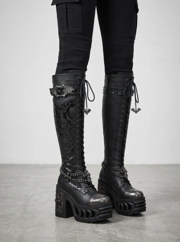 Midnight Skull Bat Graphic Look Women's Gothic Platform Knee High Boots