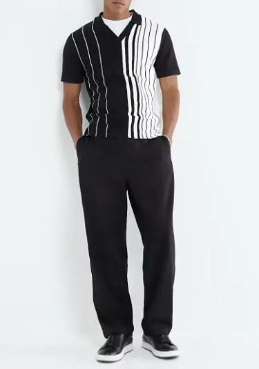 Men's Black And White Short-Sleeved Striped Lapel Shirt