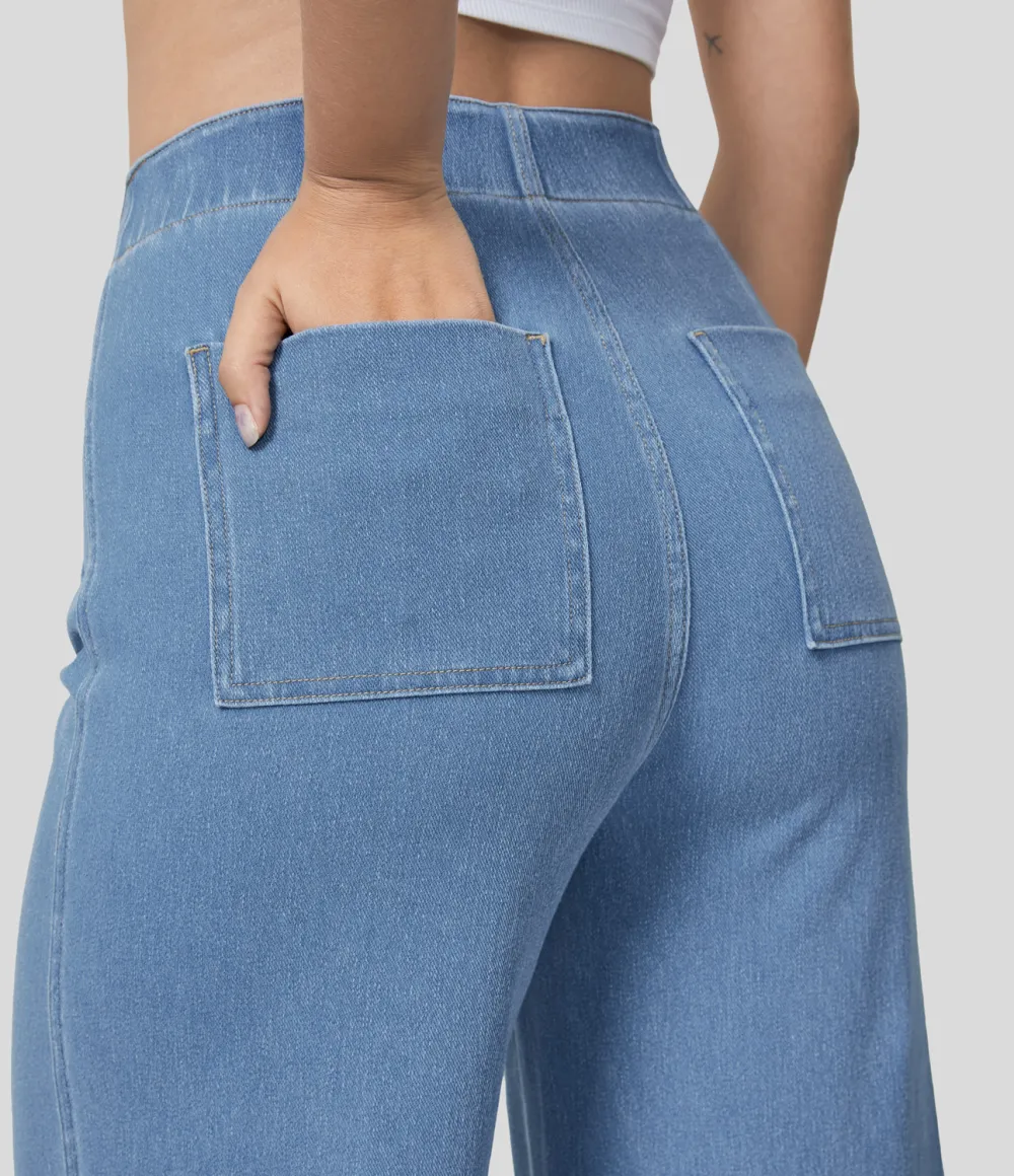 Magic High Waisted Button Multiple Pockets Washed Stretchy Knit Casual Wide Leg Full Length Jeans