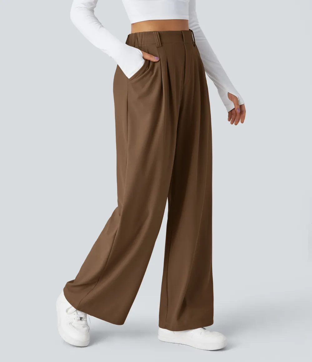 2026🔥  High Waisted Plicated Side Pocket Wide Leg Waffle Work Pants