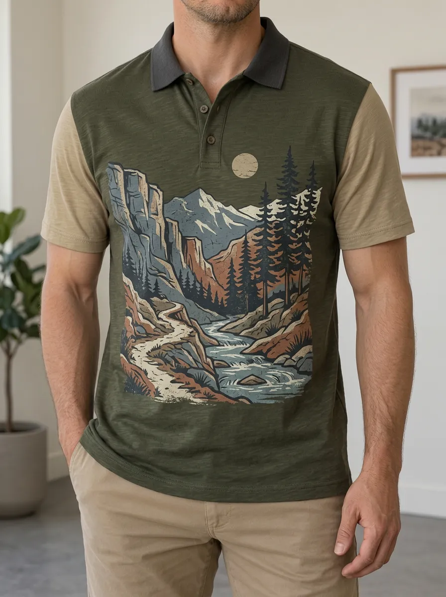 Men's Nature Hiking Mountain River Printed Polo Shirt