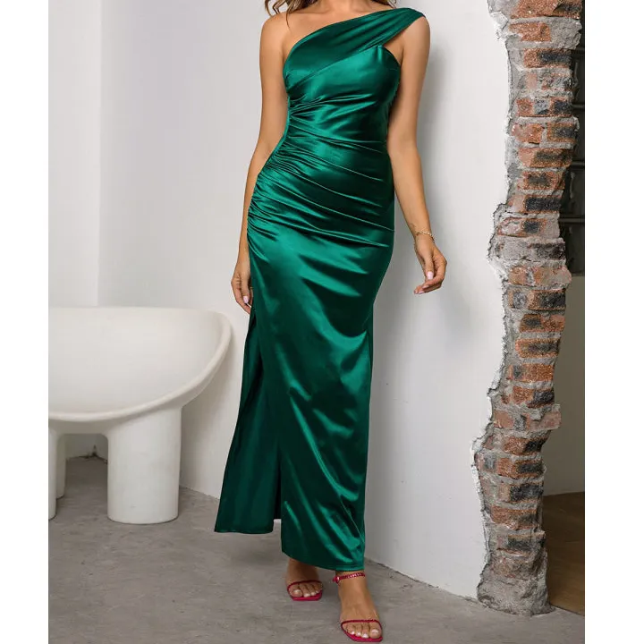 One Shoulder Ruched Slit Maxi Dress
