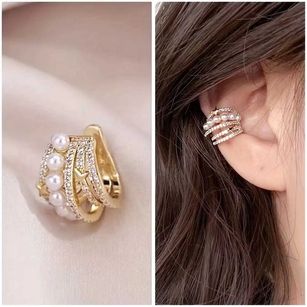 Women's Zirconia Multilayer Beaded Pearl Cuff Earrings