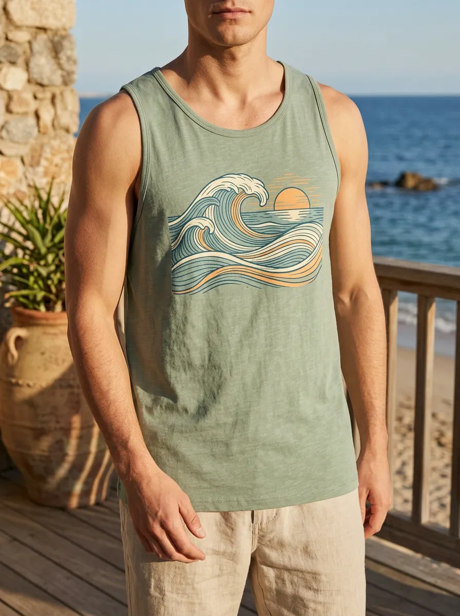Men's Beach Ocean Wave Sunset Tank Top