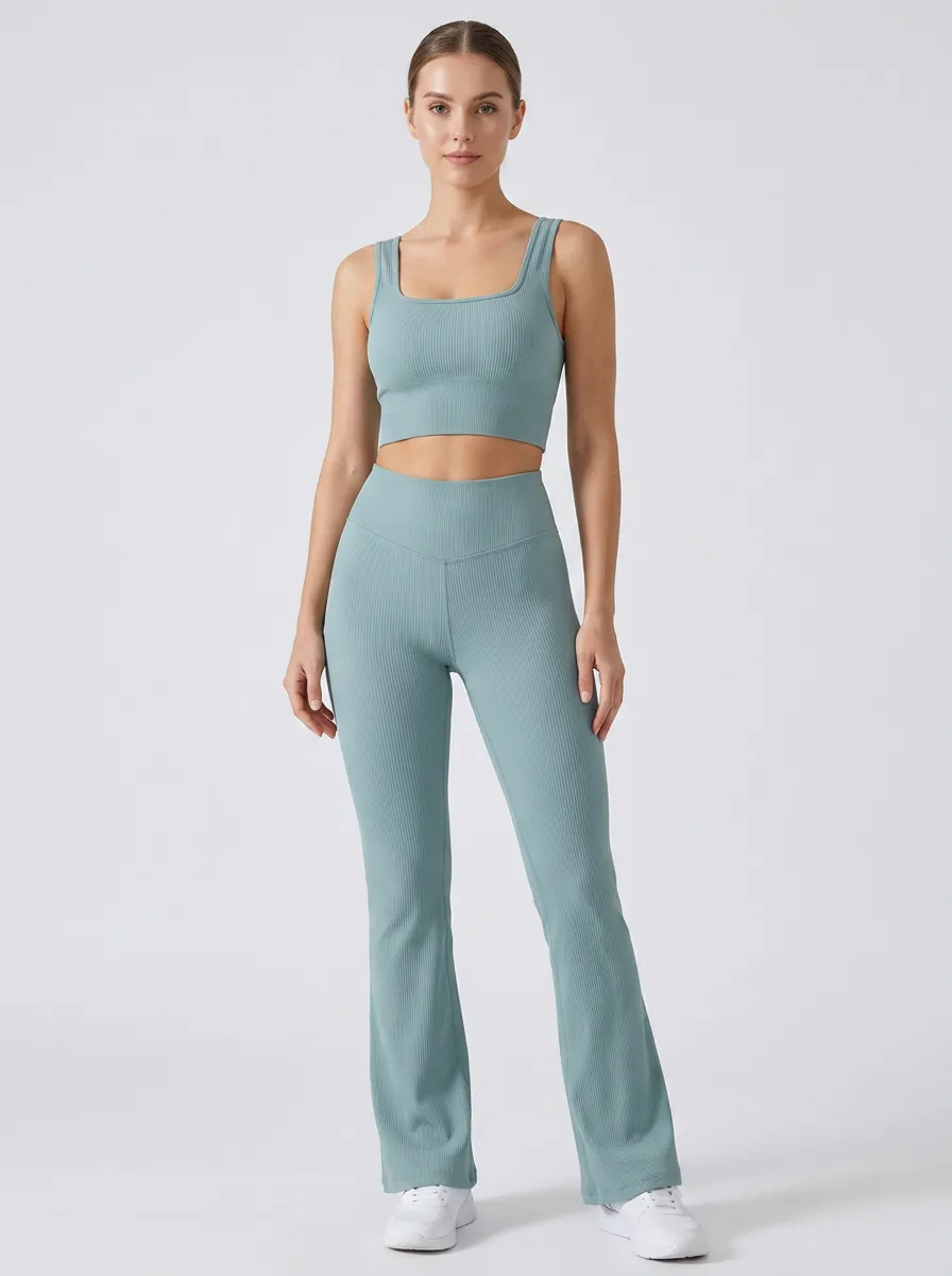Women's Yoga Fitness Sage Green Ribbed Seamless Printed Set