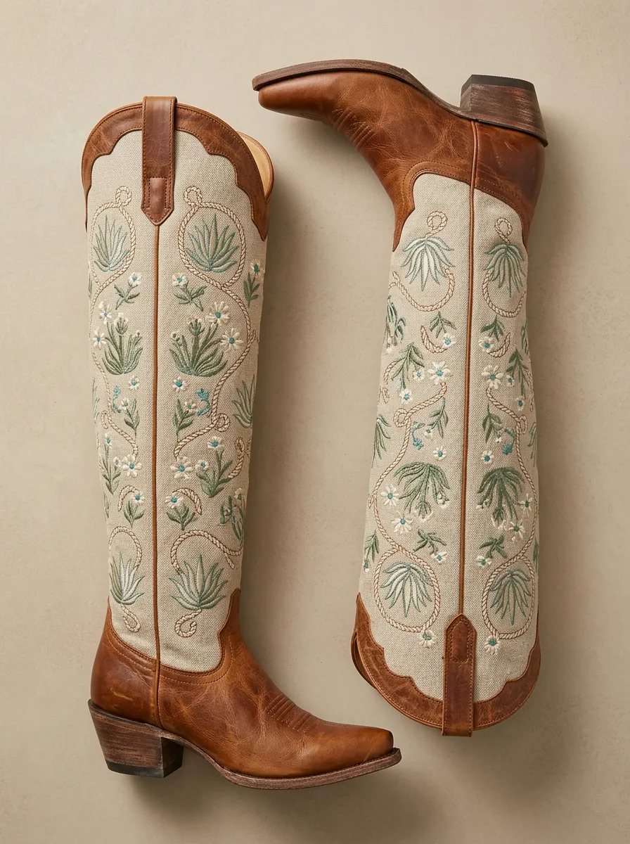 Men's Western Cowgirl Floral Rope Embroidered Printed Western Boots