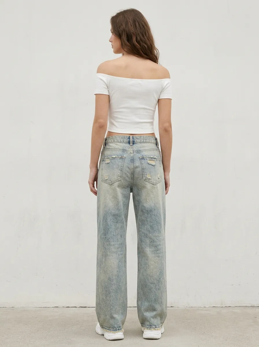 Women's Everyday Vintage Distressed Wide Leg Denim Baggy Jeans
