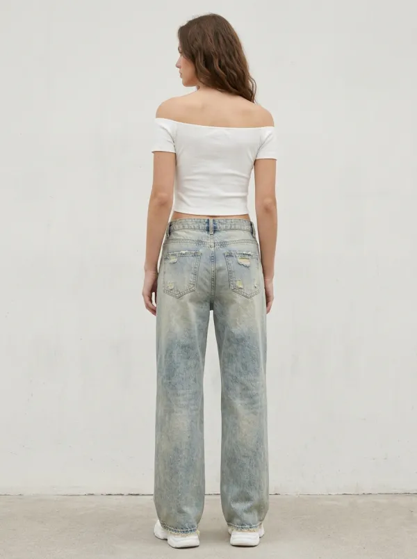 Women's Everyday Vintage Distressed Wide Leg Denim Baggy Jeans