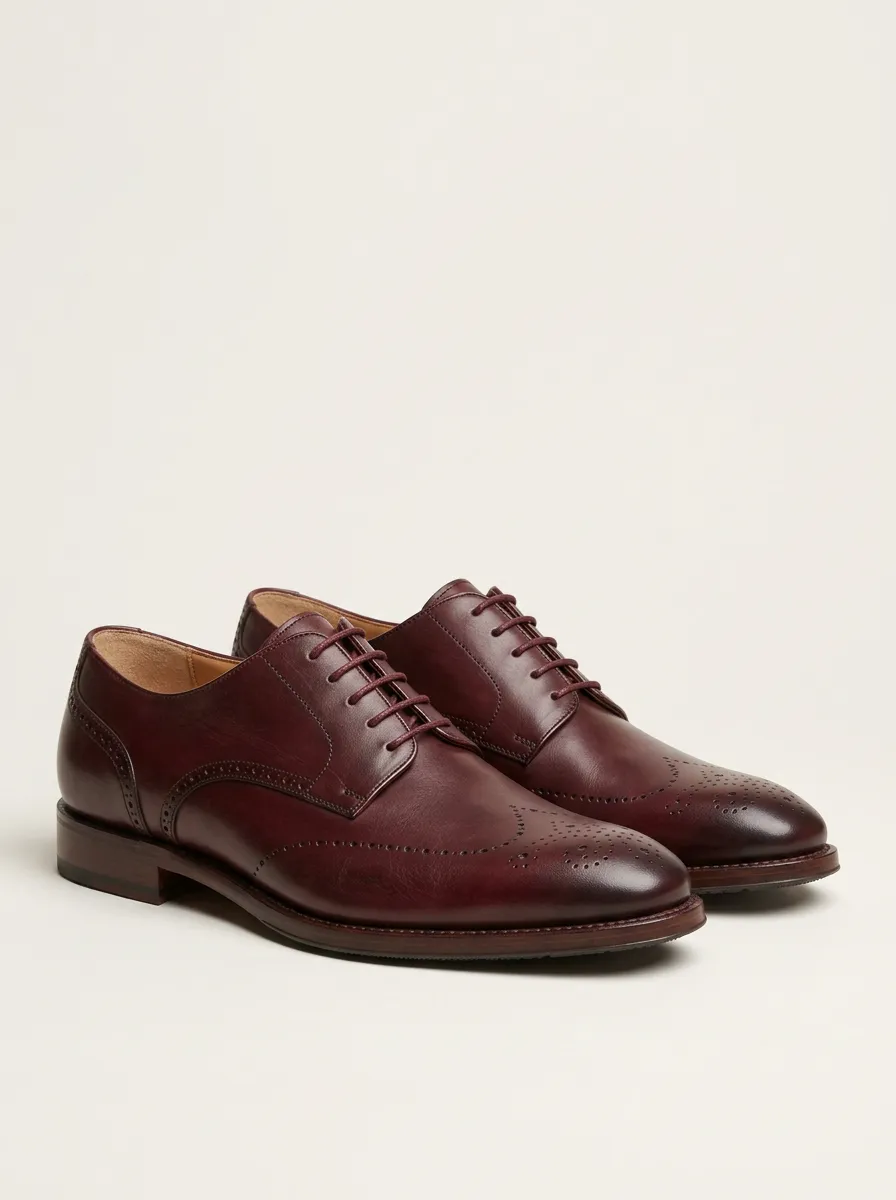 Men's Classic Business Burgundy Brogue Printed Leather Oxford Shoes