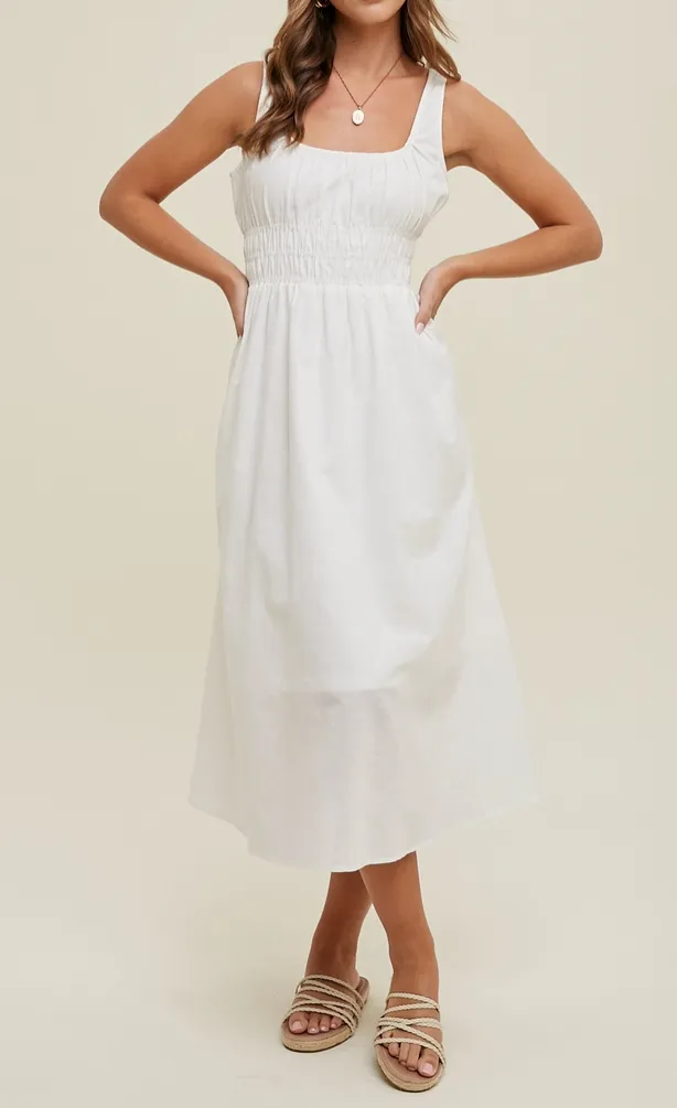 White Linen Smocked Midi Dress