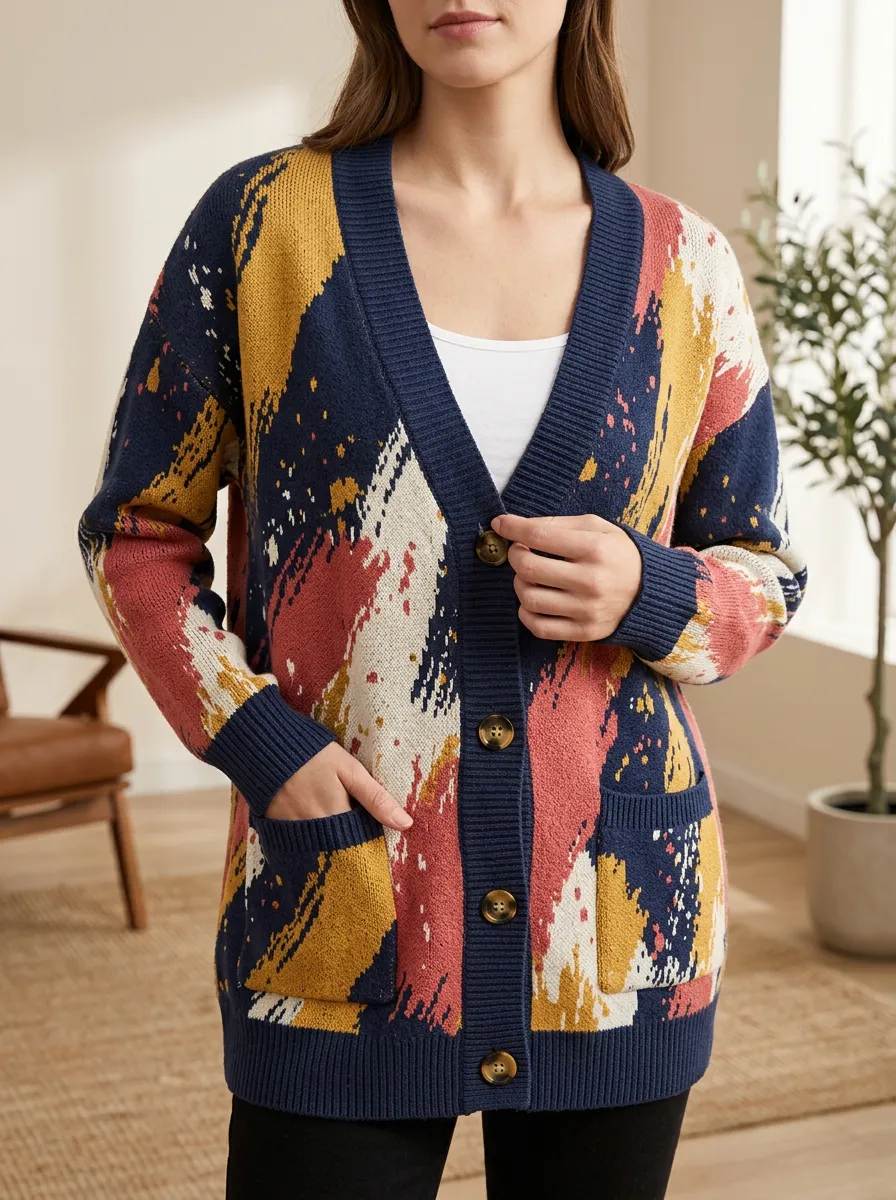 Women's Abstract Paint Stroke Pattern Printed Ribbed Trim Weekend Layering Cardigan