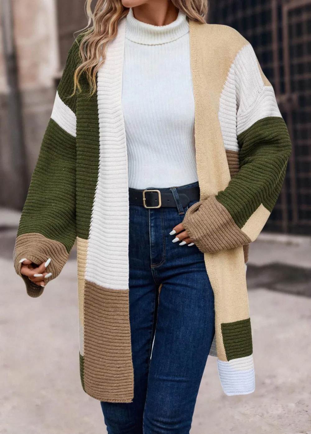Multi Color Patchwork Long Sleeve V Neck Coat