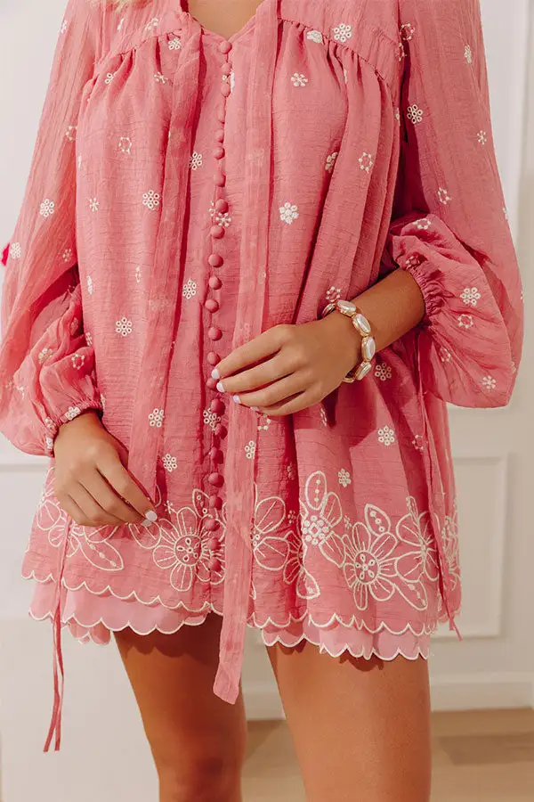 Embroidered Floral V-Neck Long Sleeve Babydoll Mini Dress