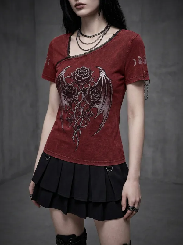 Moonlit Rose Moon Phase Moon Statement Women's Gothic T-Shirt