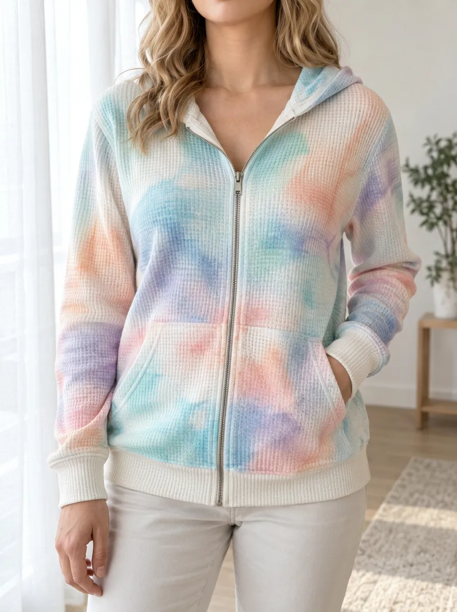 Women's Pastel Tie-Dye Signature Accent Waffle Zip-Up Hoodie