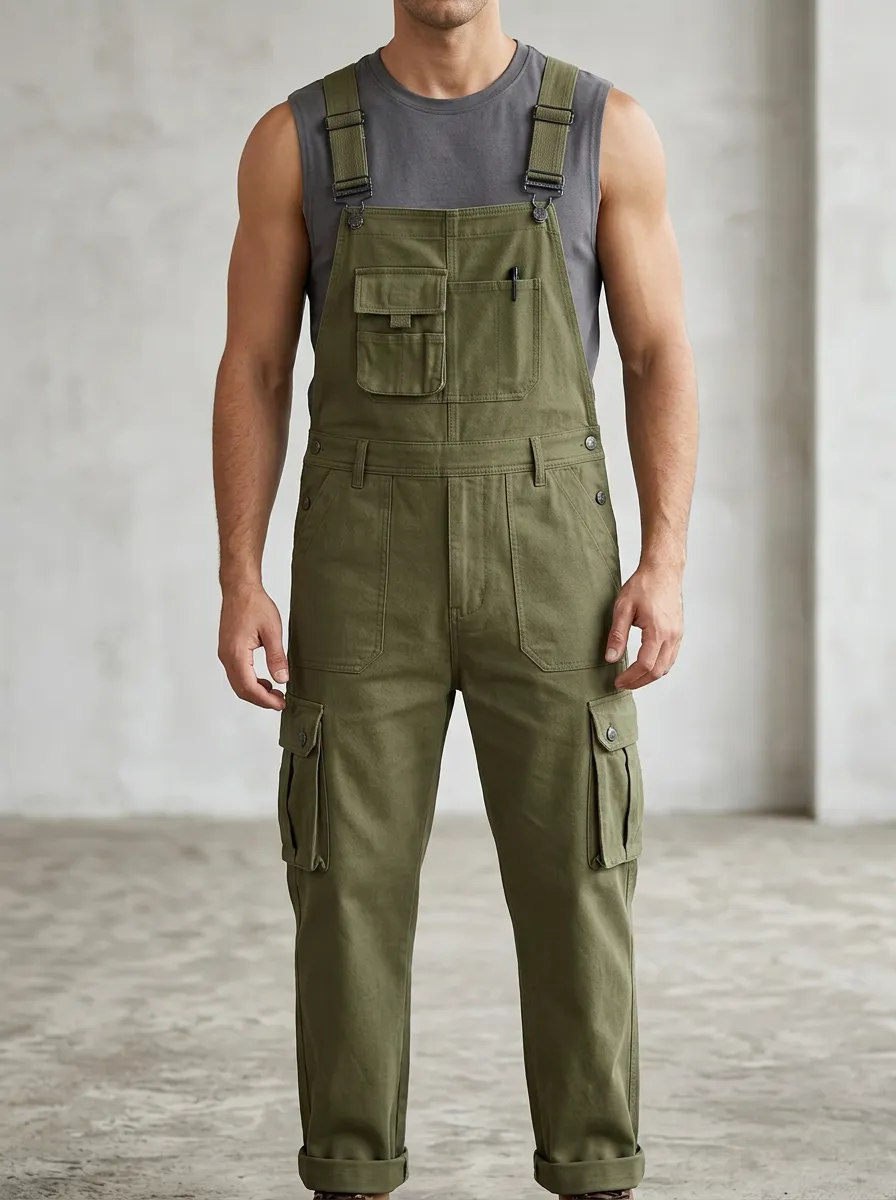 Men's Casual Utility Olive Green Cargo Overalls