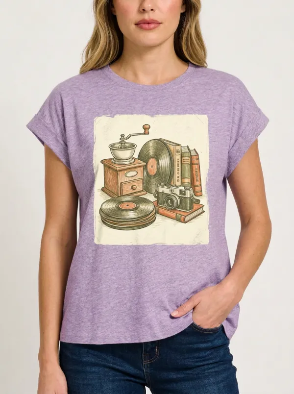 Women's Vintage Hobby Lover Camera Vinyl Books Printed T-shirt