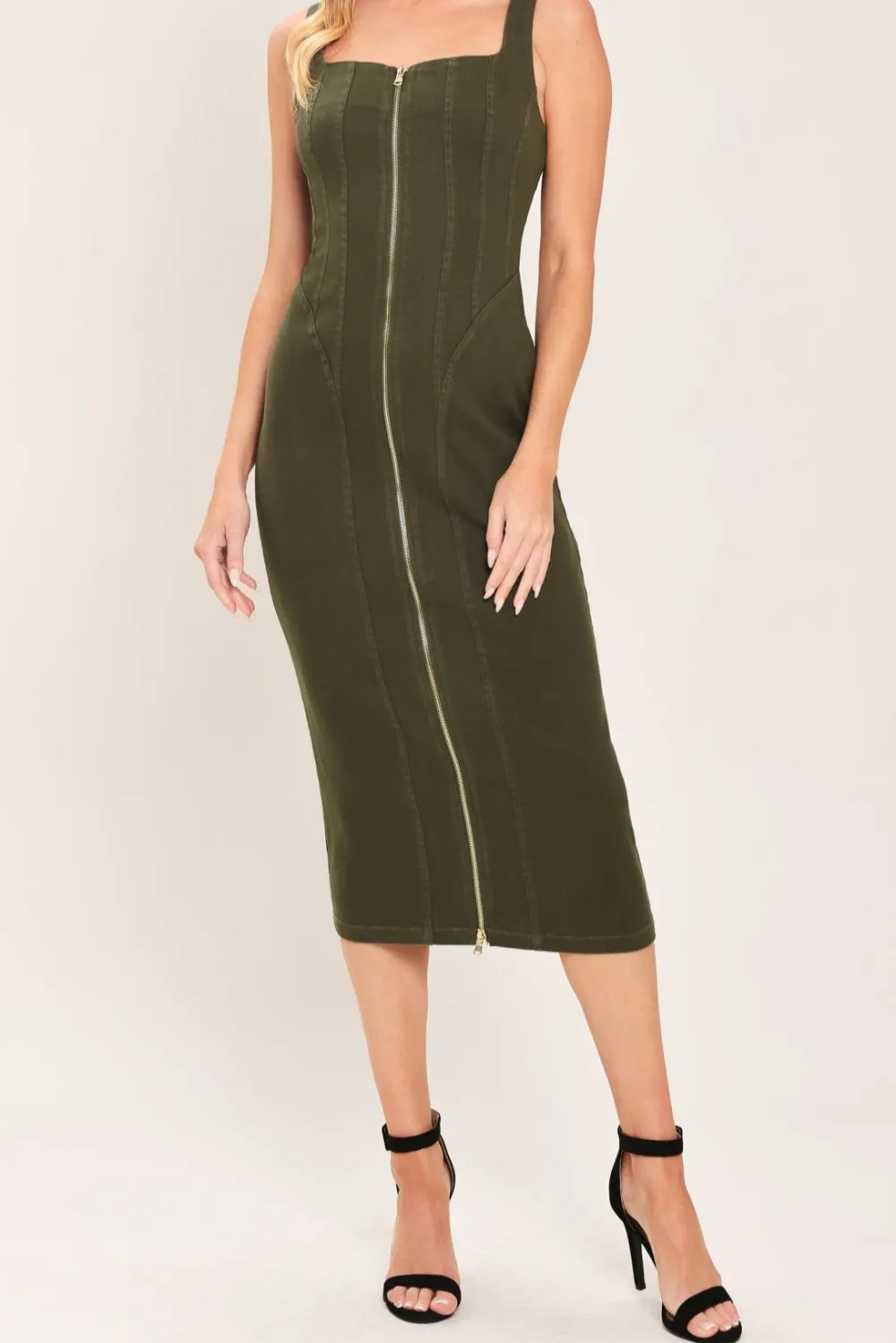 Modern Cargo Chic Woven Twill Midi Dress