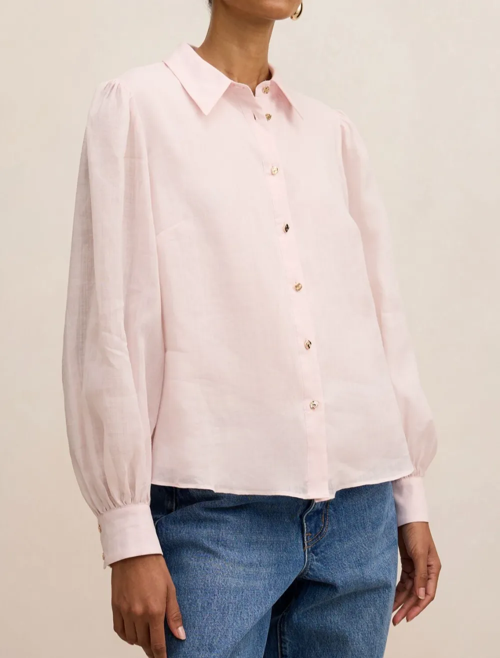 Light Pink Petite Long Sleeve Button-Up Blouse