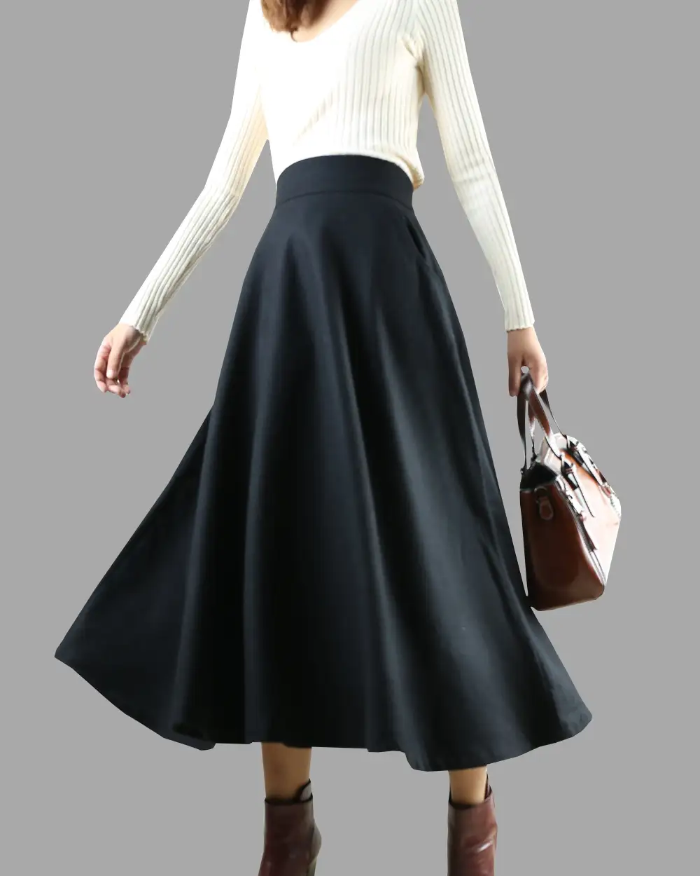 Pleated Wool A Line Maxi Skirt