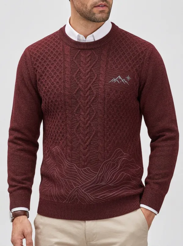 Men's Charcoal Grey Cable-Knit Graphic Crewneck Sweater