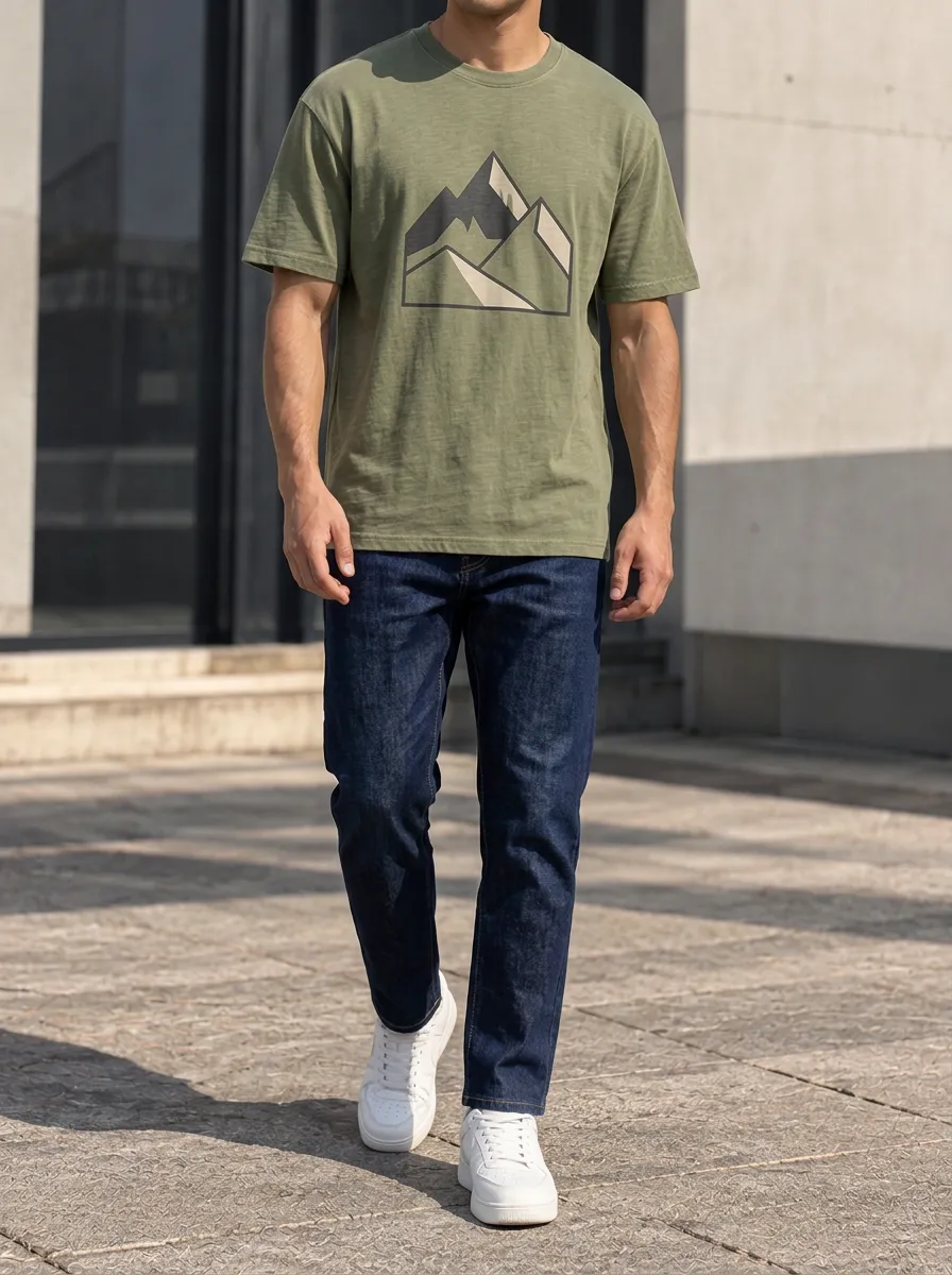 Men's Mountain Hiking Lover Geometric Printed T-Shirt and Jeans Set