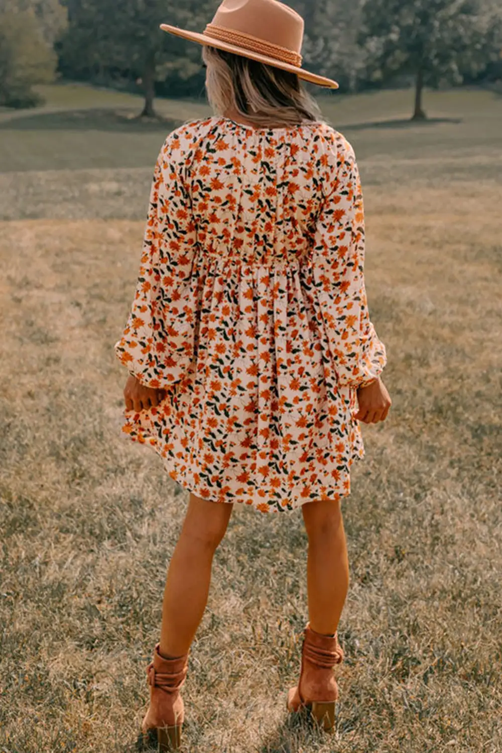 Classic Floral Deep V Neck Smocked Bust Bubble Sleeve Babydoll Dress