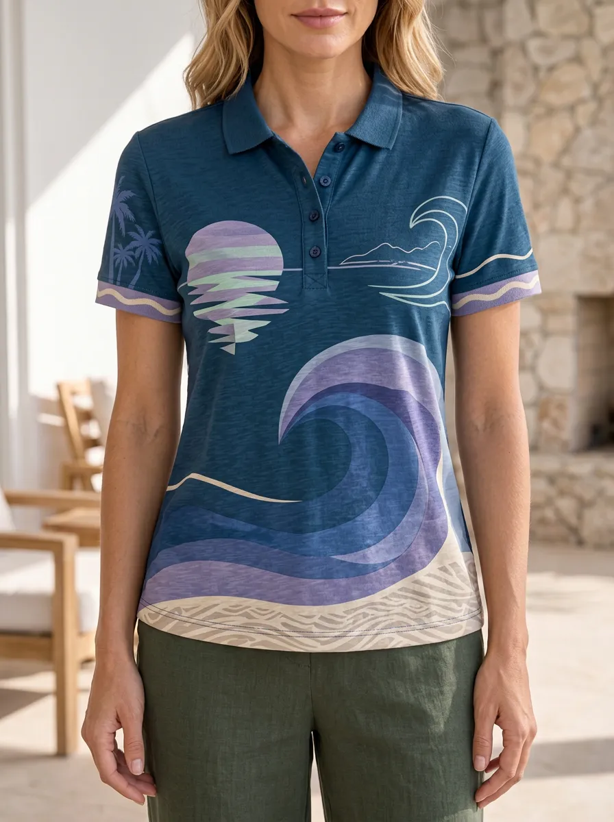 Women's Beach Lover Ocean Wave Sunset Printed Polo Shirt