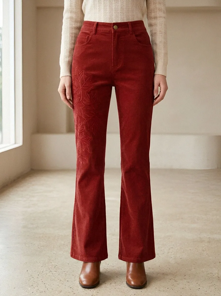 Women's Autumn Nature Lover Maple Leaf Embroidered Corduroy Pants