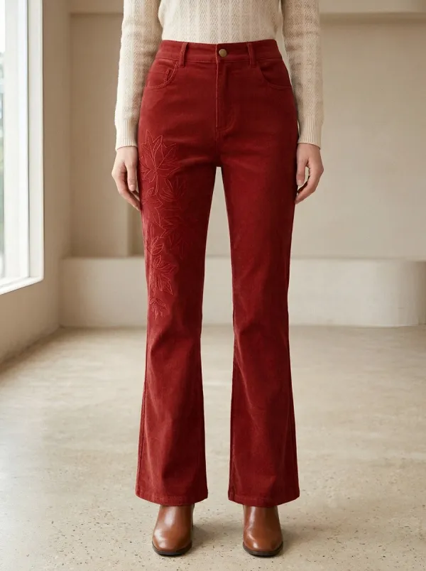 Women's Autumn Nature Lover Maple Leaf Embroidered Corduroy Pants