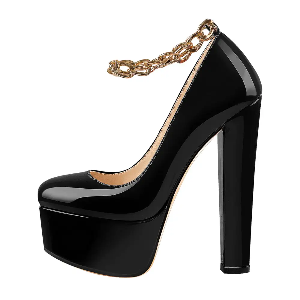 Patent Finish Round Toe Platform Chunky Heel Chain Accent Pumps