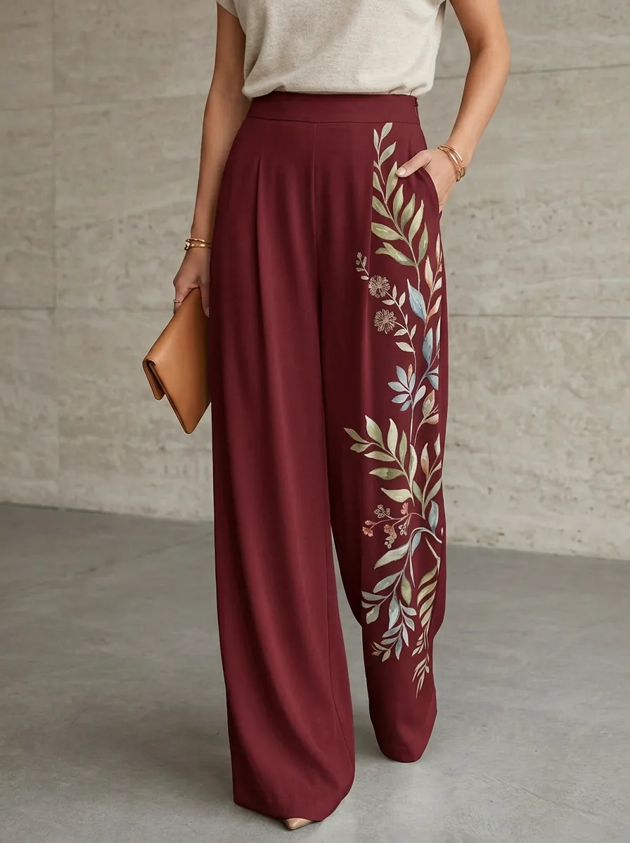 Women's Off-White Floral Print Concealed Side Zip High-Waisted Wide-Leg Trousers