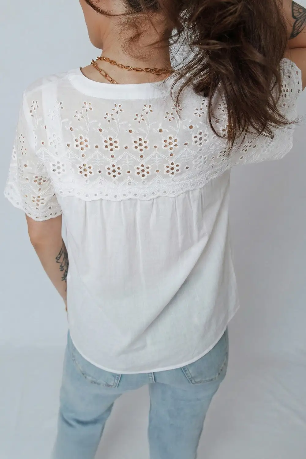 Flower Embroidered Patchwork Sleeve Blouse