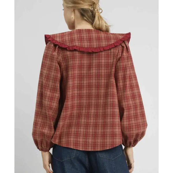 Full Size Plaid Ruffle Collar Blouse Plus Size