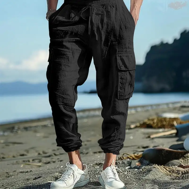 Men's Casual Linen Cargo Waist Pockets Cargo Pants