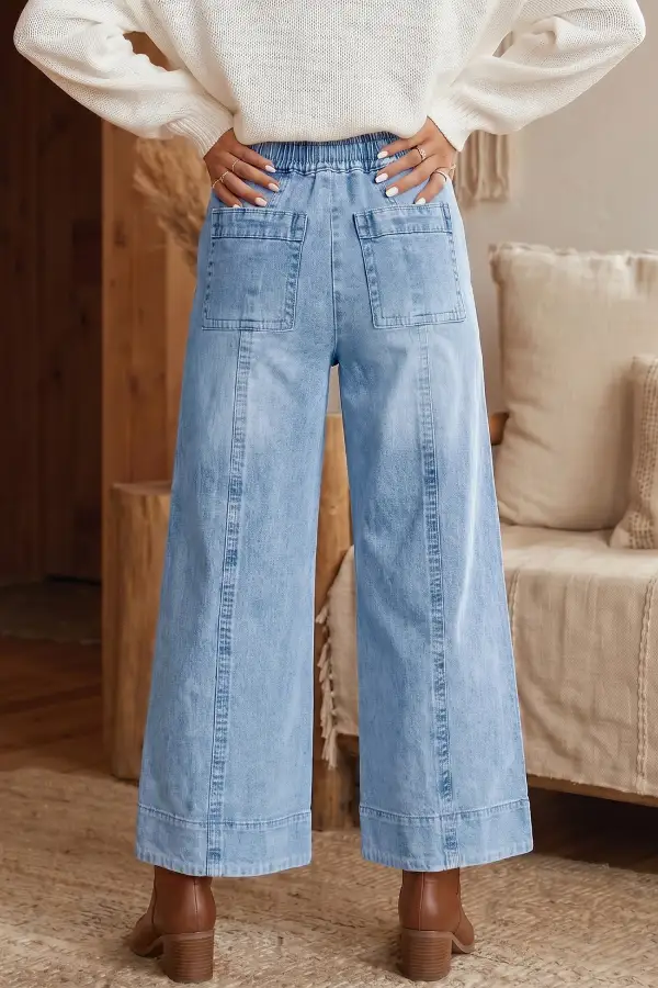 Women's Drawstring Waist Wide Leg Ankle Length Jeans