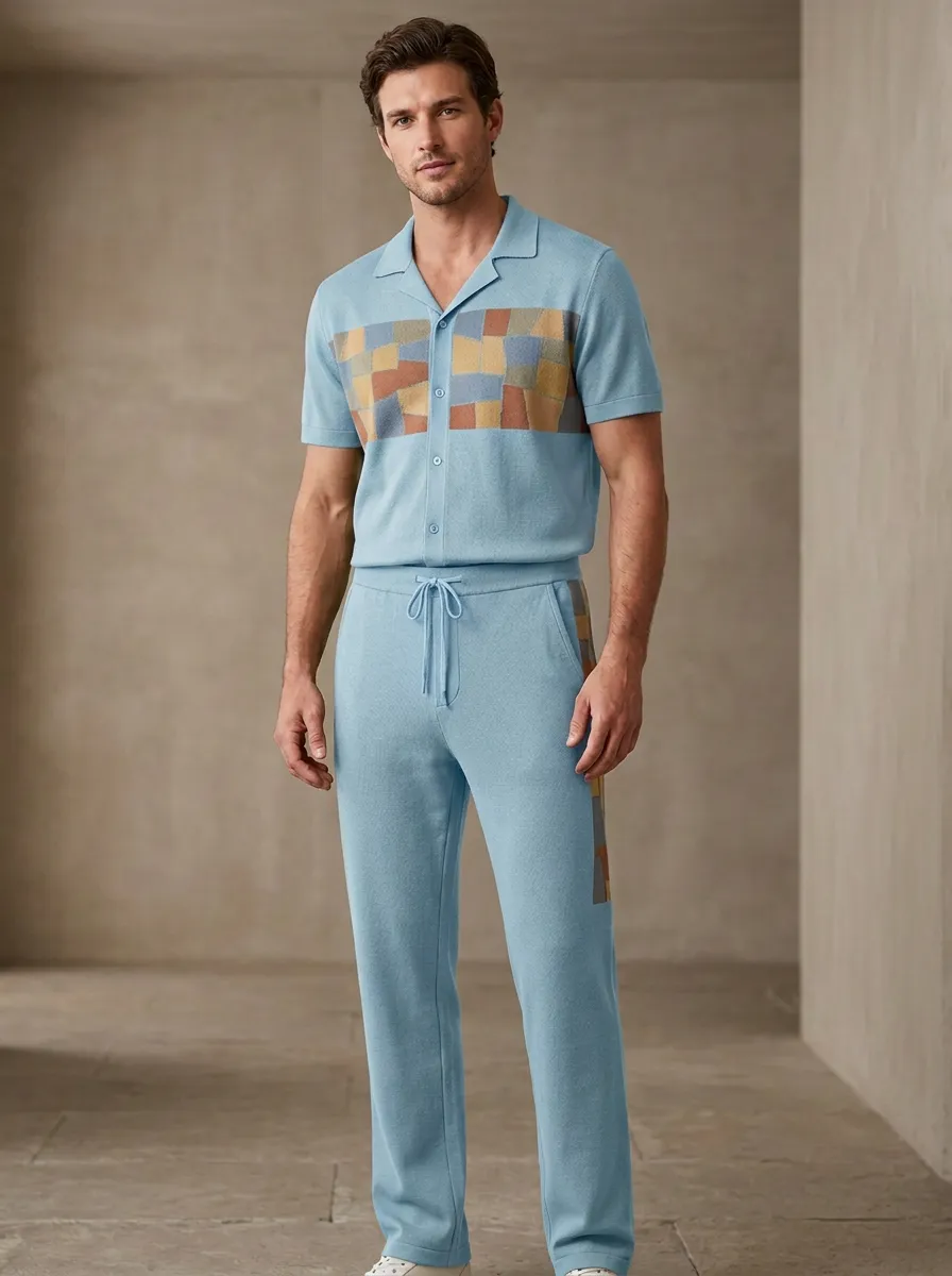 Men's Olive Geometric Patchwork Printed Casual Set