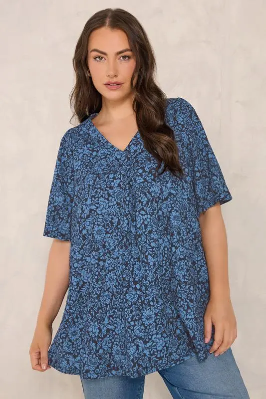 Navy Blue Floral Pleat Front Angel Sleeve Top