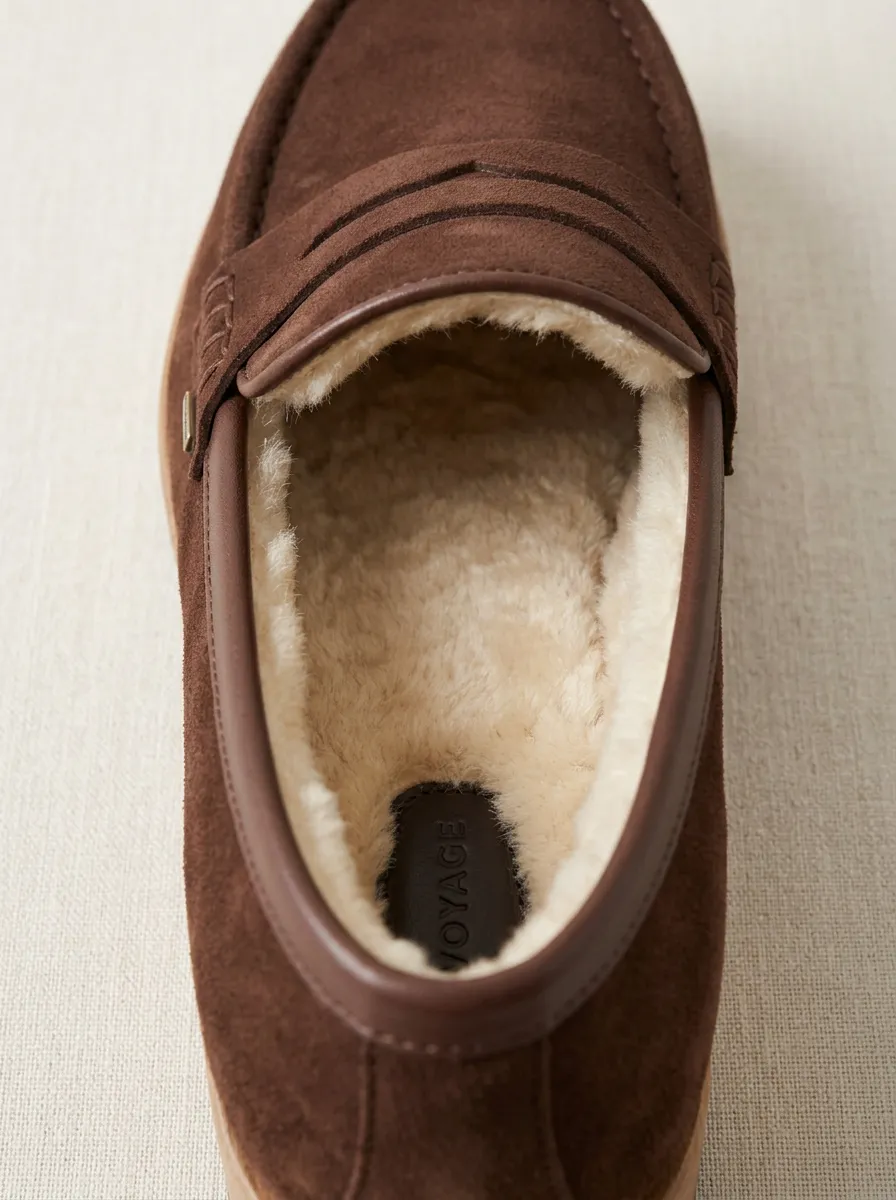 Women's Rugged Faux Fur Lined Platform Suede Wood Sole Loafers