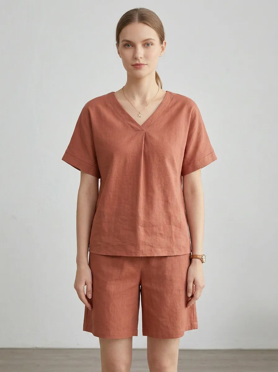 Linen-Look Minimalist Women's V-Neck Casual Lounge Set