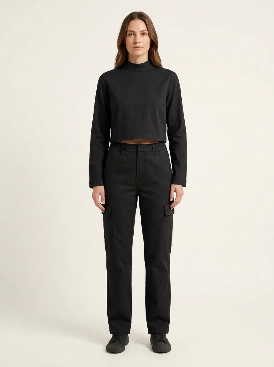 Women's Mock-Neck Crop Top and Straight-Leg Cargo Pant Set